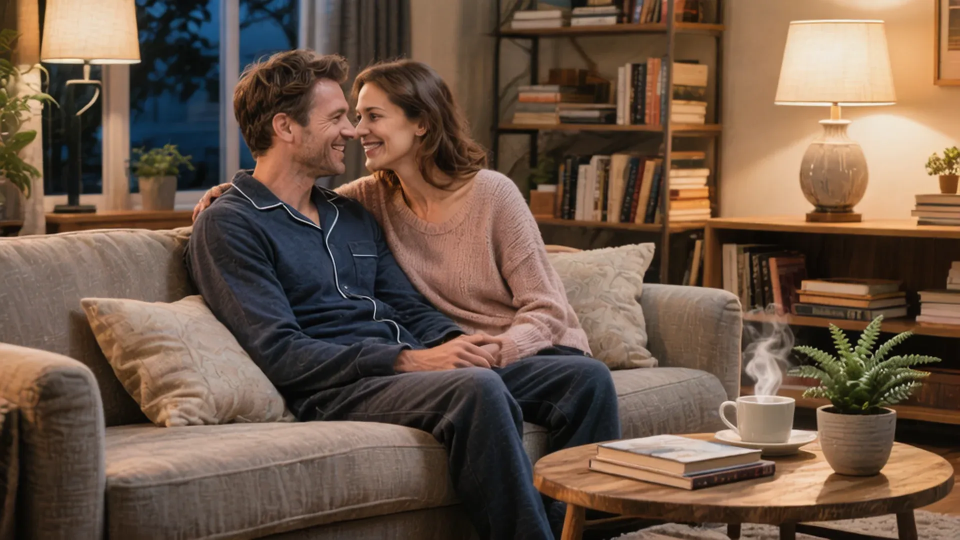 夫妻在家中温馨交谈，感情融洽的日常生活场景