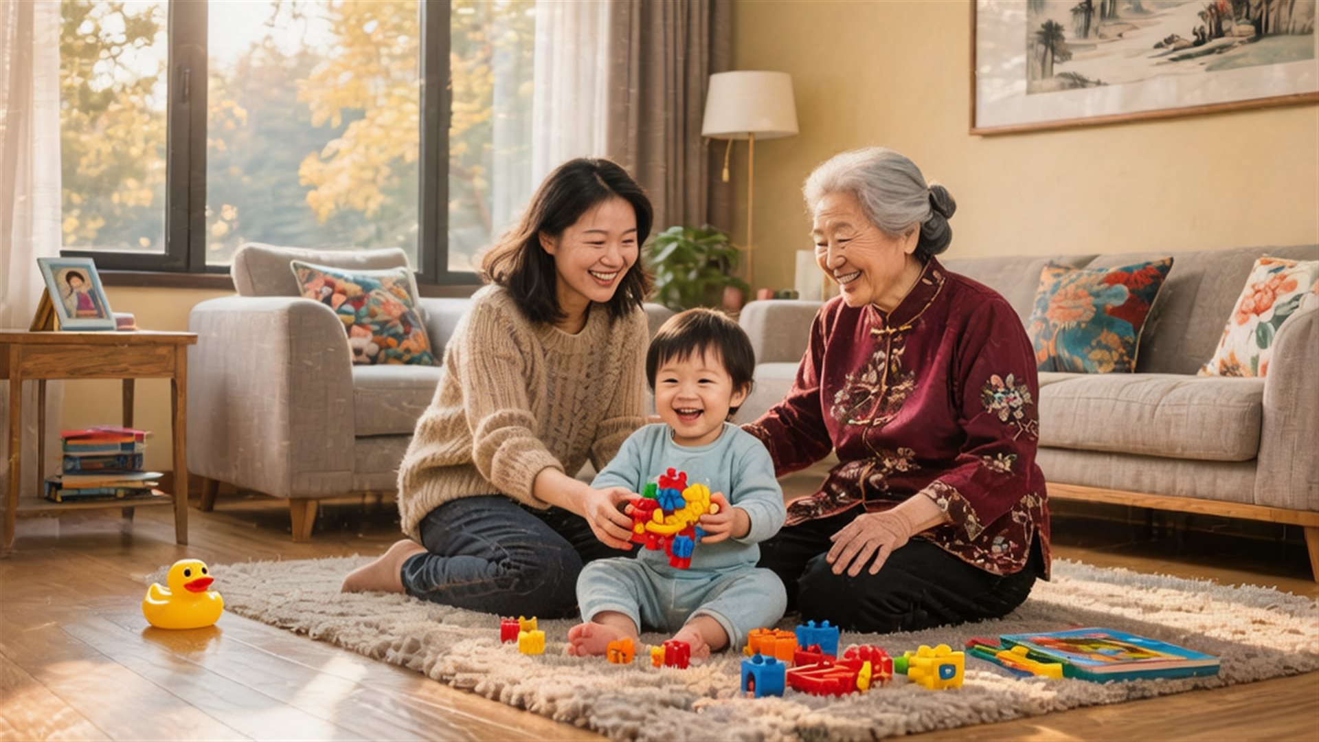祖孙三代一家人在家中玩耍,奶奶和妈妈一起陪伴孩子,温暖融洽