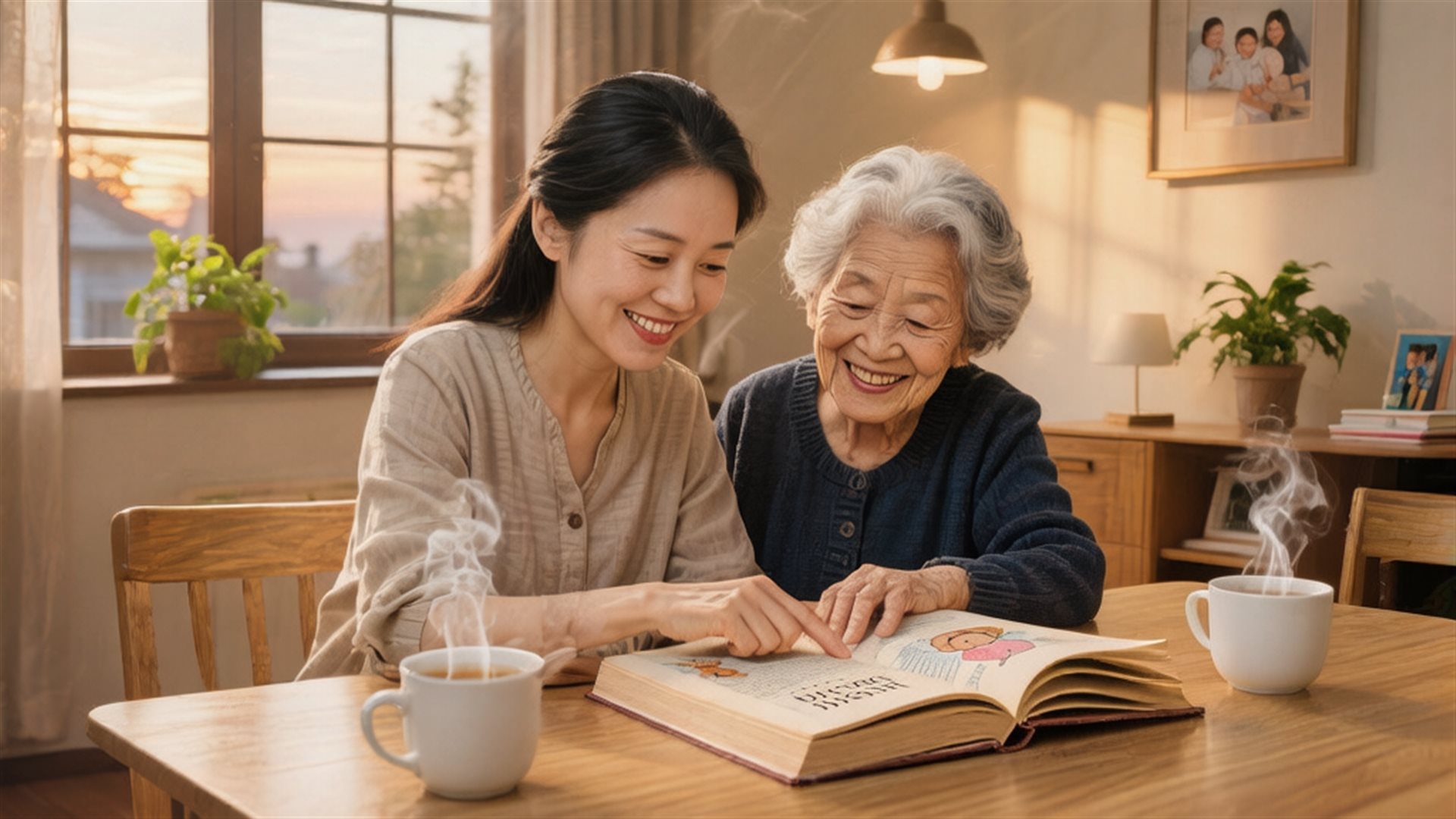 年轻妈妈和婆婆坐在一起翻看育儿书籍,互相交流育儿经验