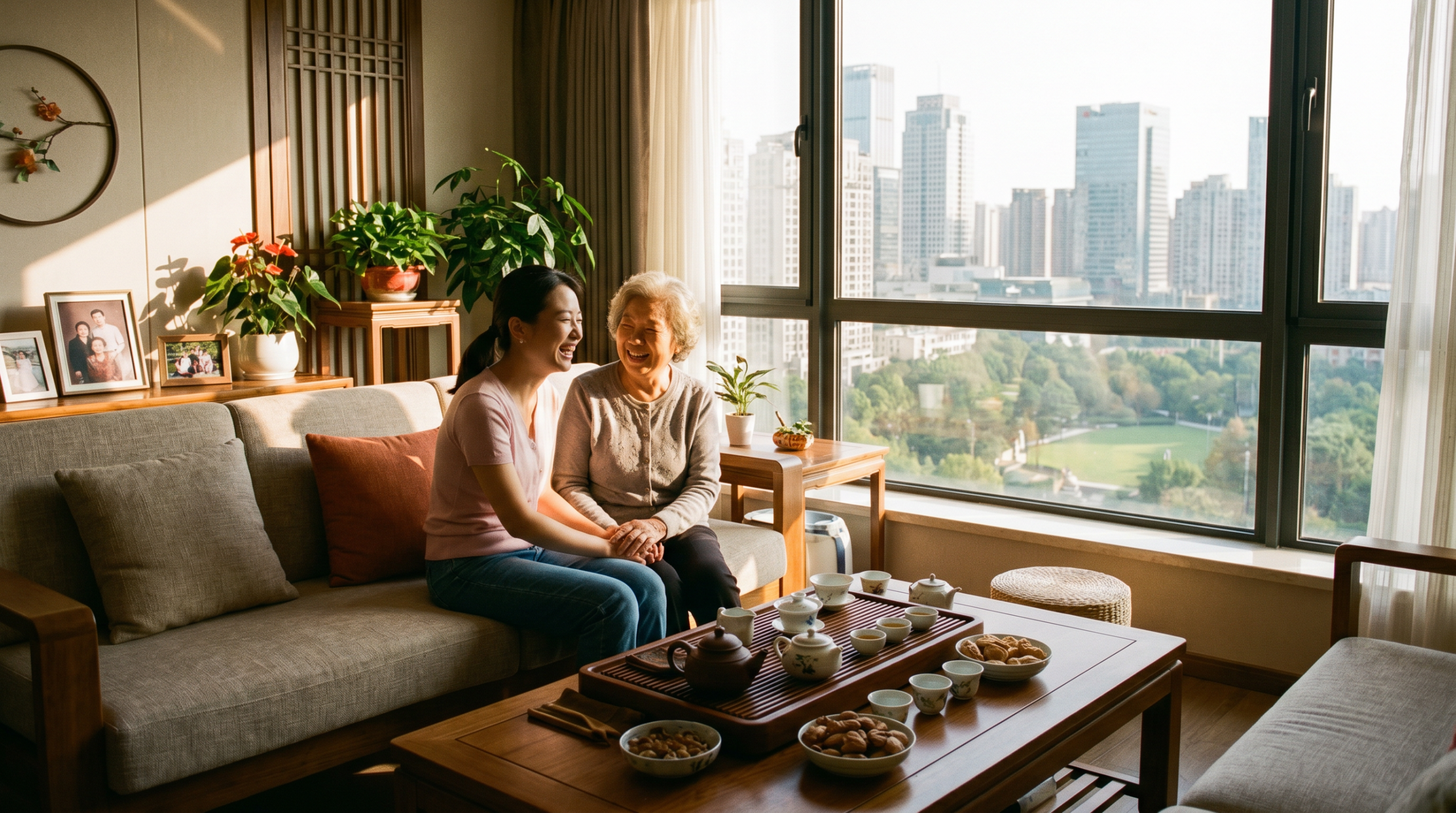 温馨的中国家庭场景：儿媳和婆婆相视而笑