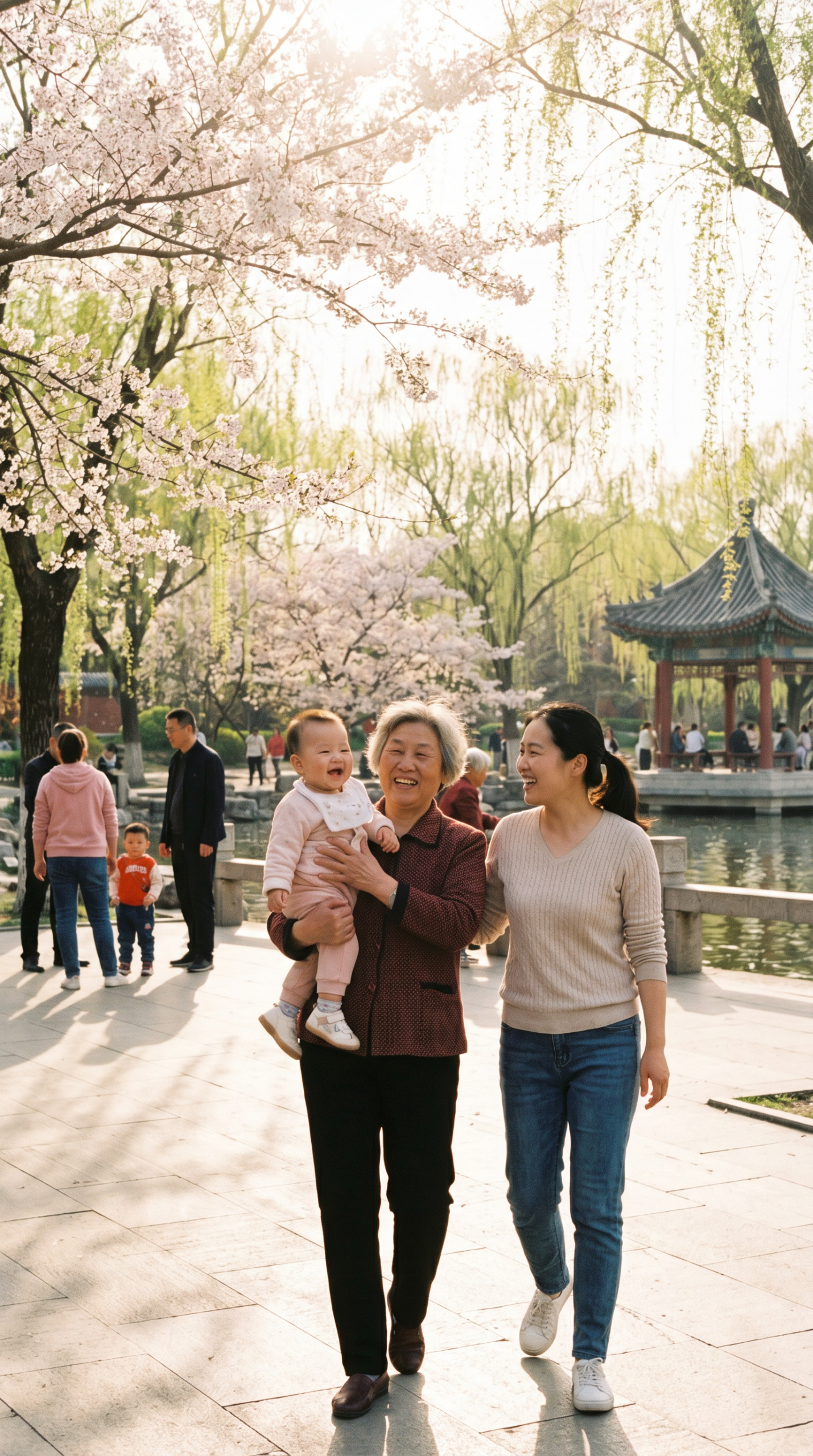 温馨的中国三代同堂画面：婆婆、儿媳、孩子三代人在公园散步