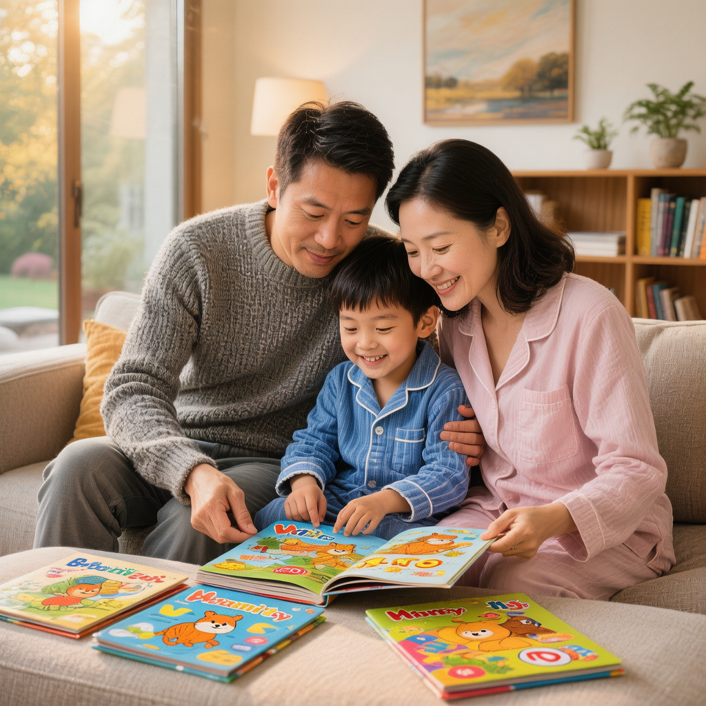 父母和孩子在客厅沙发上一起阅读绘本，温馨的家庭场景