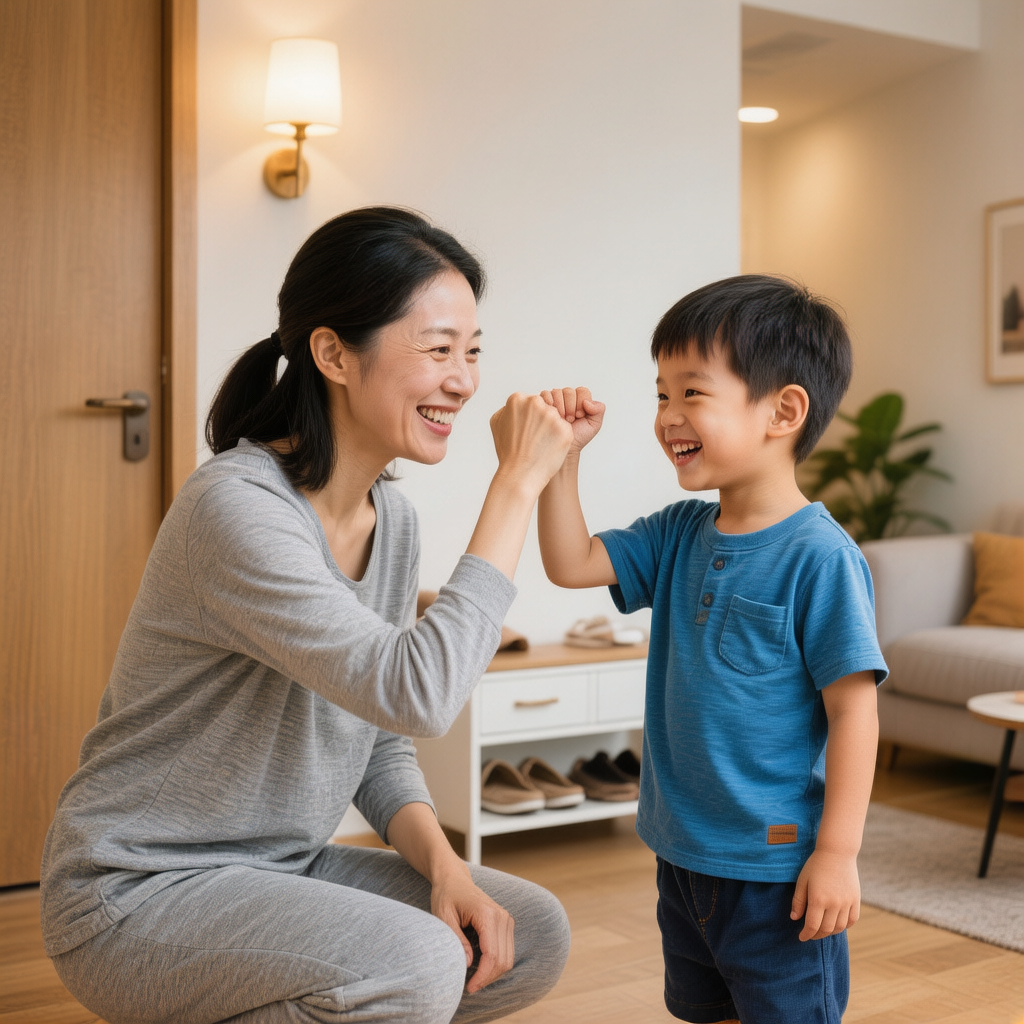 妈妈蹲下身和儿子击拳庆祝，日常生活中的温馨时刻