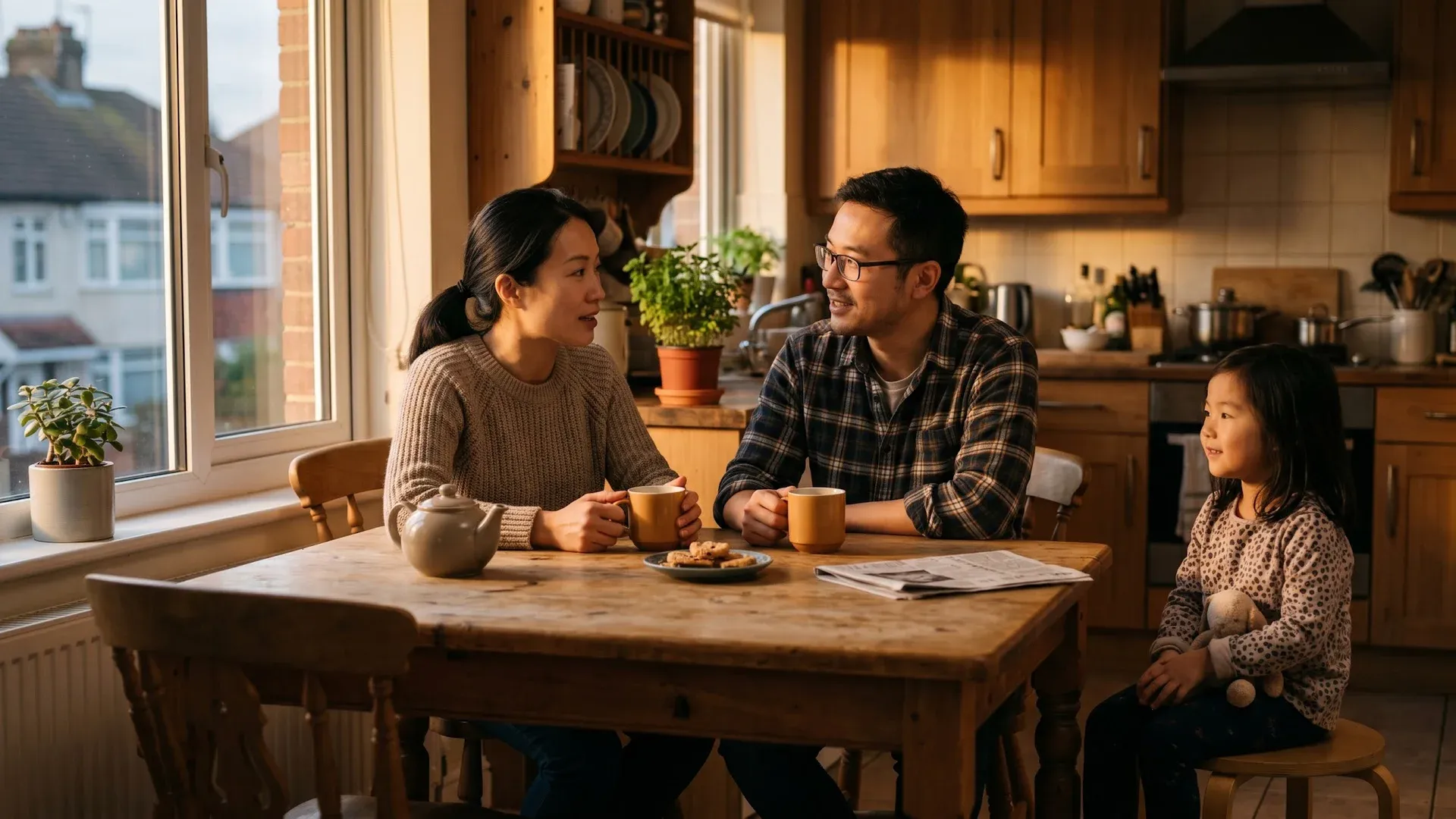 父母在孩子面前平静沟通的家庭场景