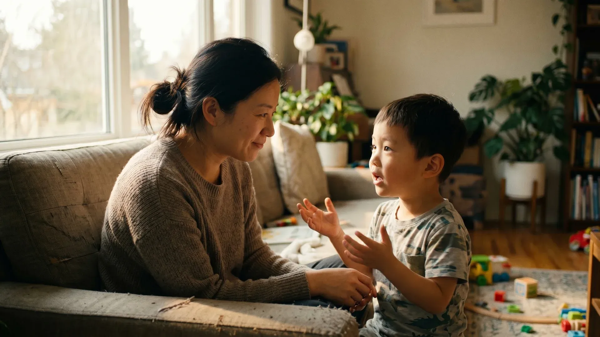 父母用温和的语言与孩子交流