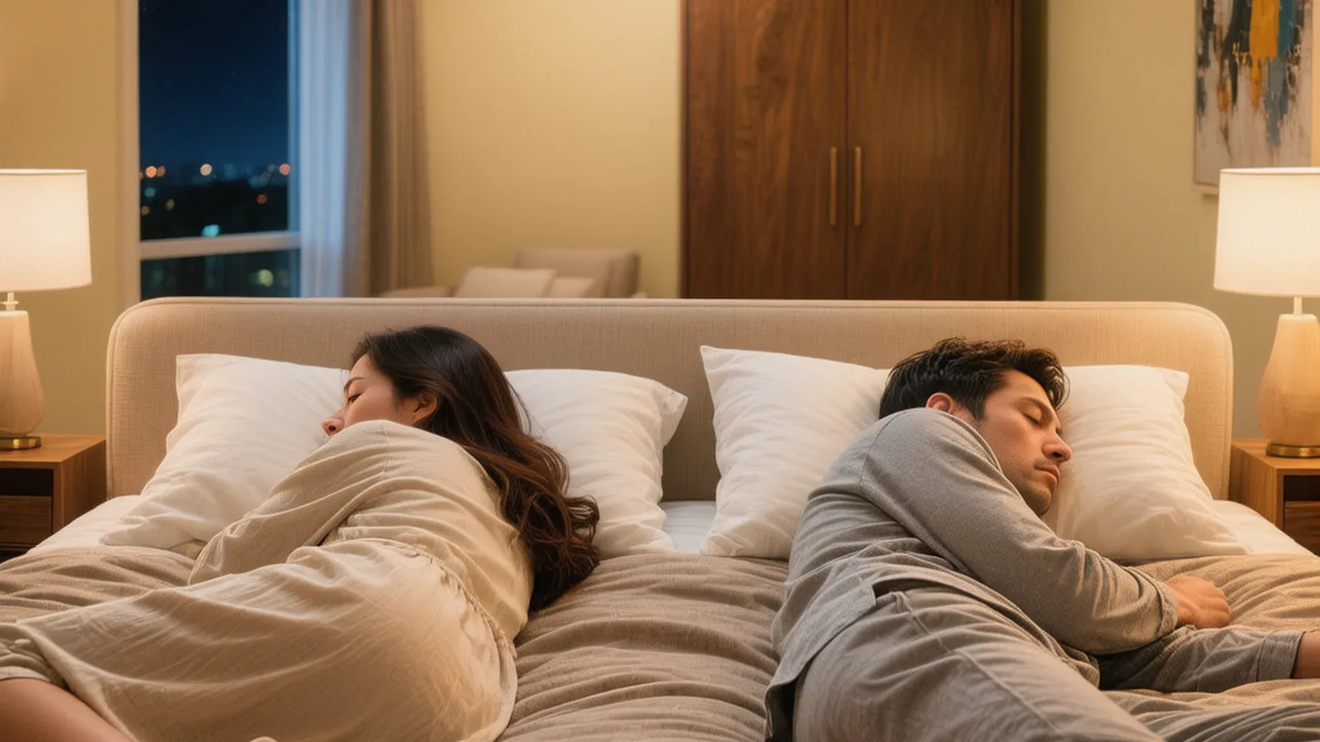 夫妻背对背睡在床上，中间留出明显距离的疏离场景