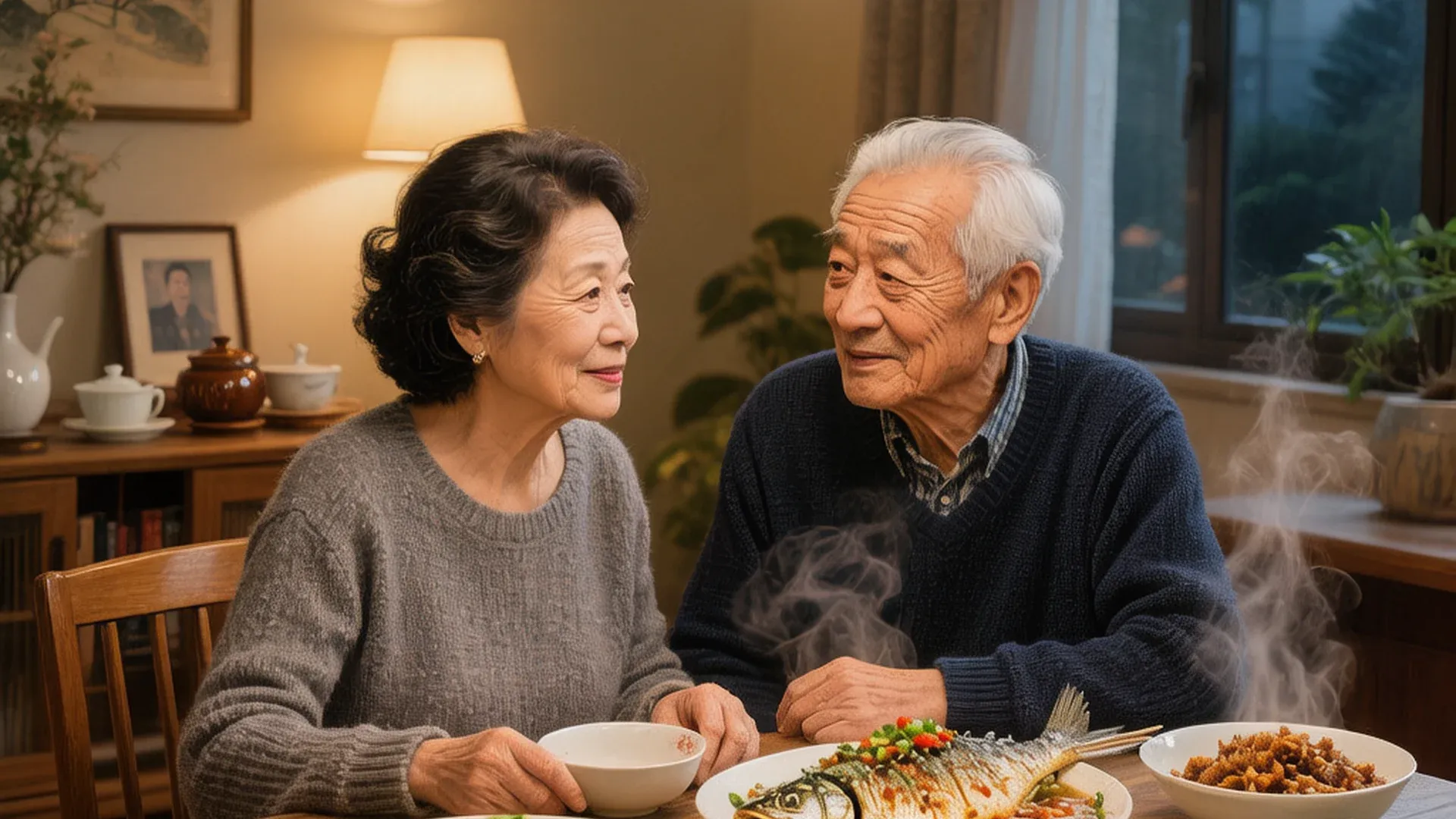 成年子女与父母在餐桌旁进行平和的眼神交流,代际间情感边界的建立
