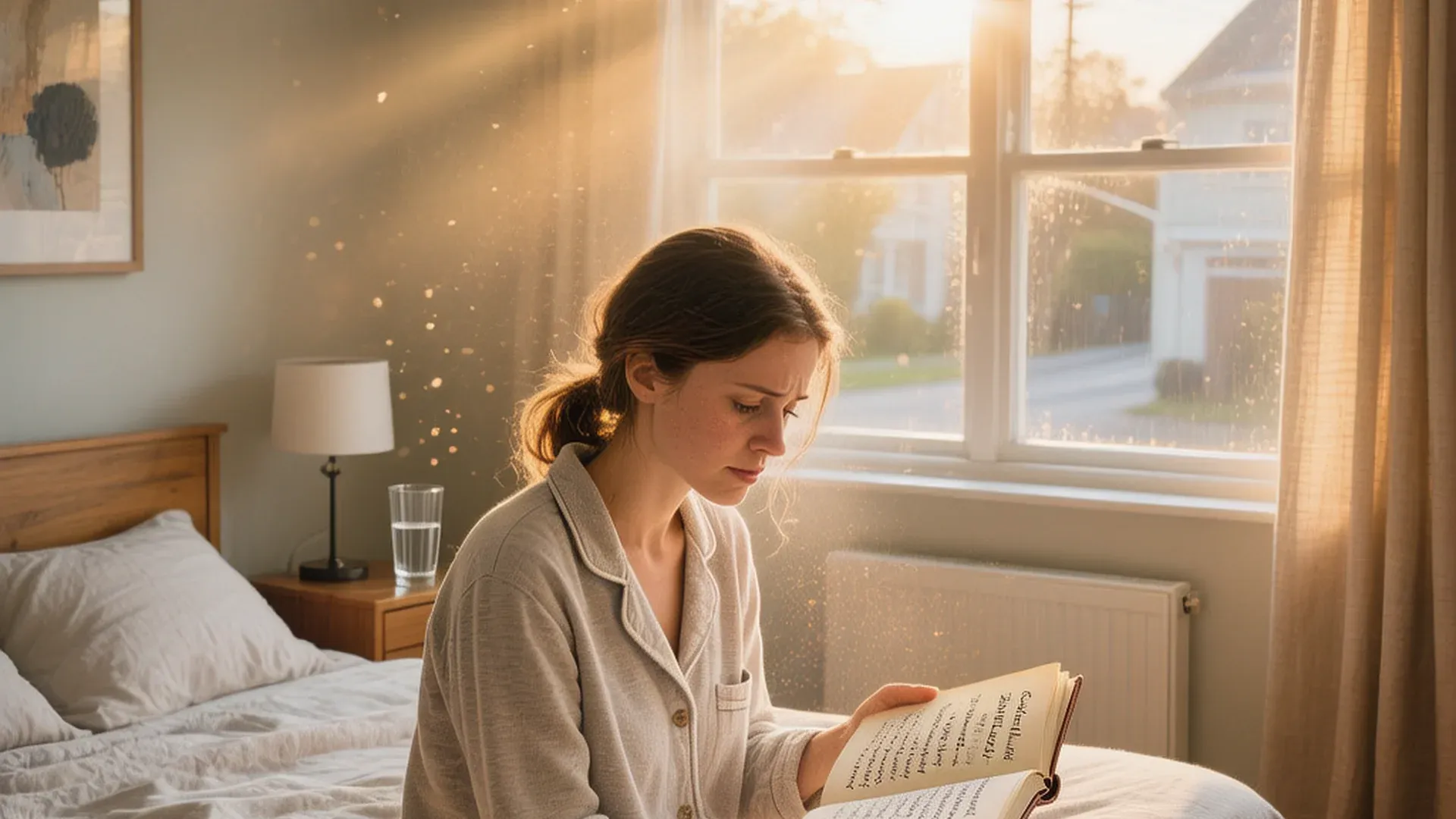 年轻母亲独自在卧室思考育儿问题，理性分析家庭关系的独处时刻