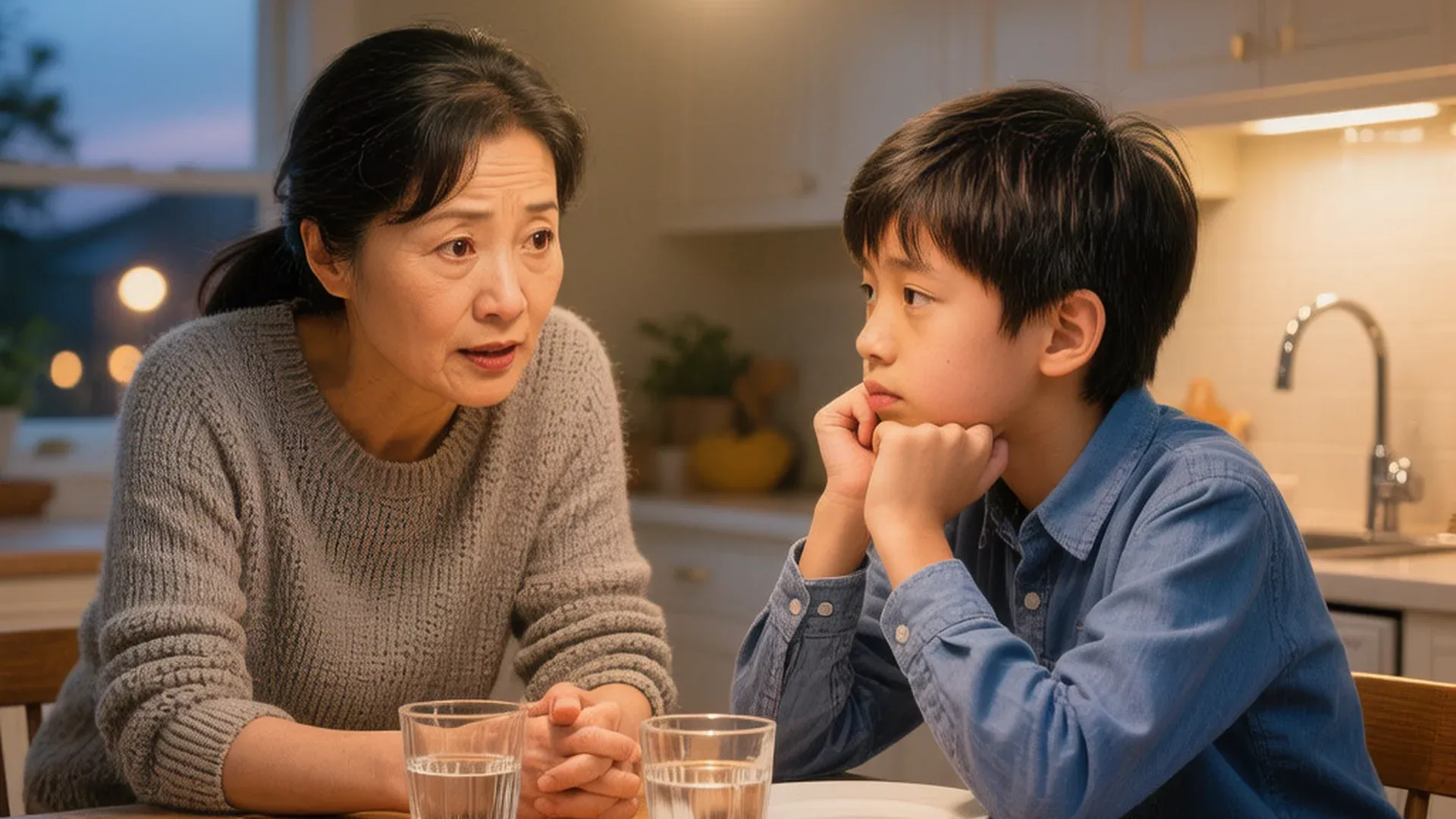 父母和孩子在温馨的家庭场景中认真对话交流