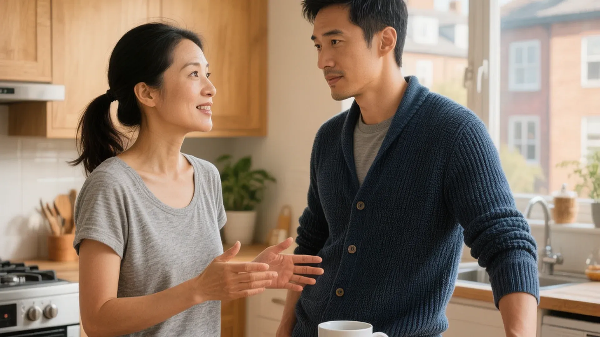 夫妻在厨房分享日常交流，表情轻松自然