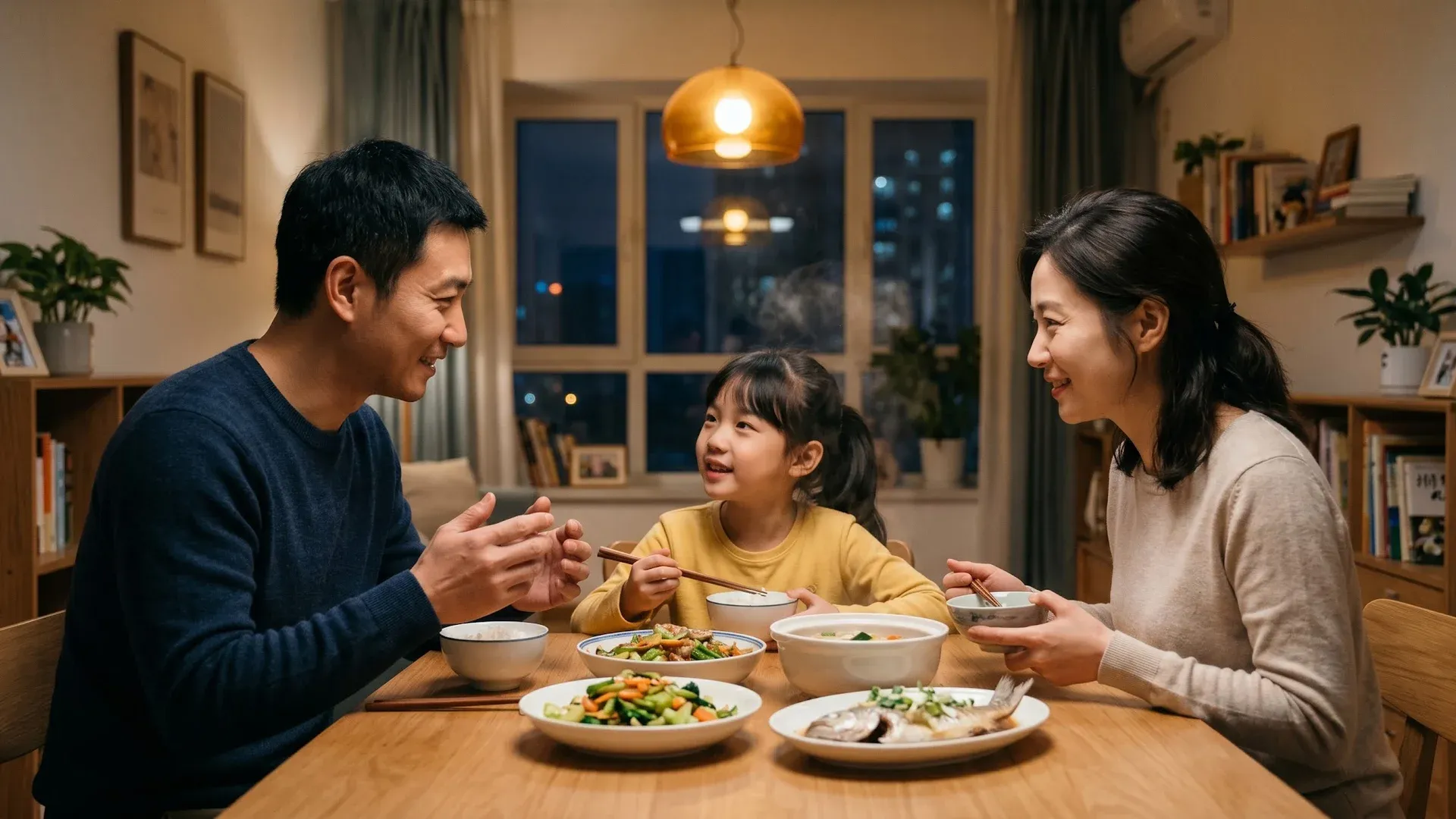 父母与孩子温馨对话的家庭场景