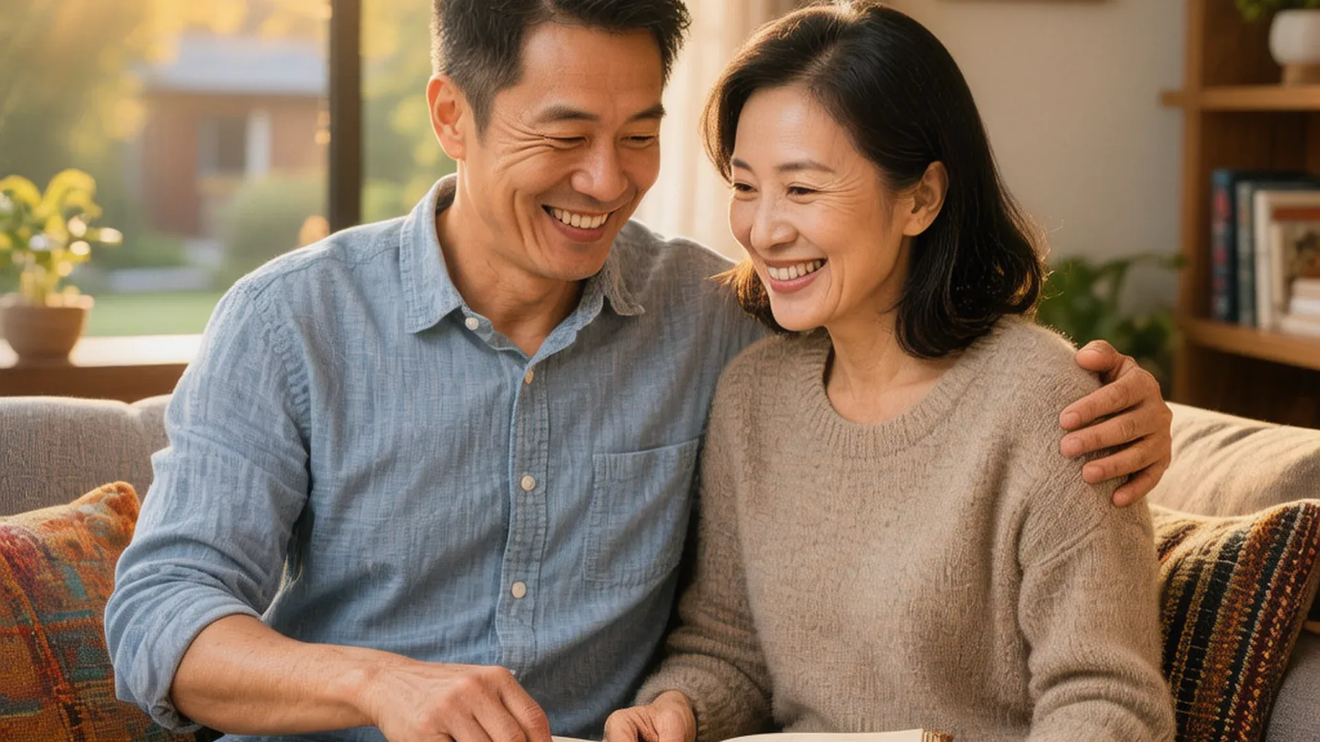 夫妻坐在一起翻看老相册相册，回忆共同经历温馨时刻