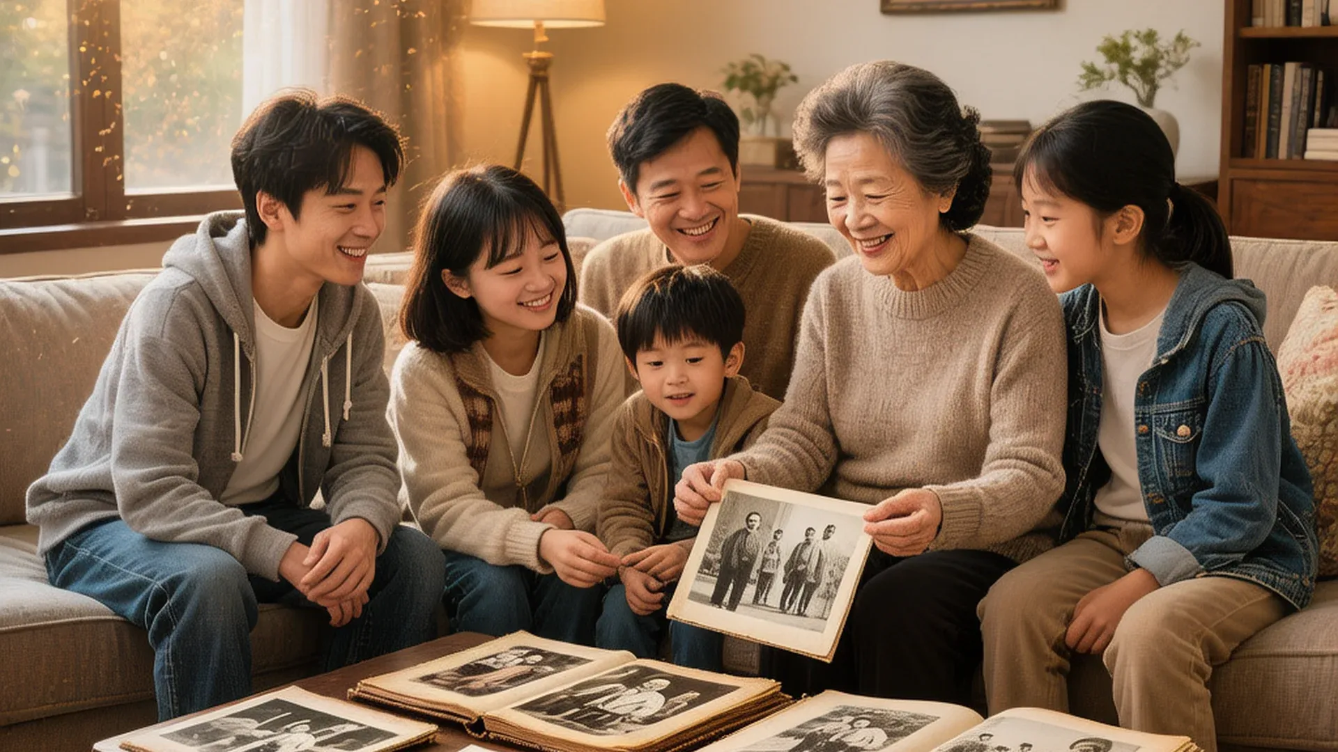 一家人围坐一起翻看老照片,共同回忆家庭温馨时光的画面