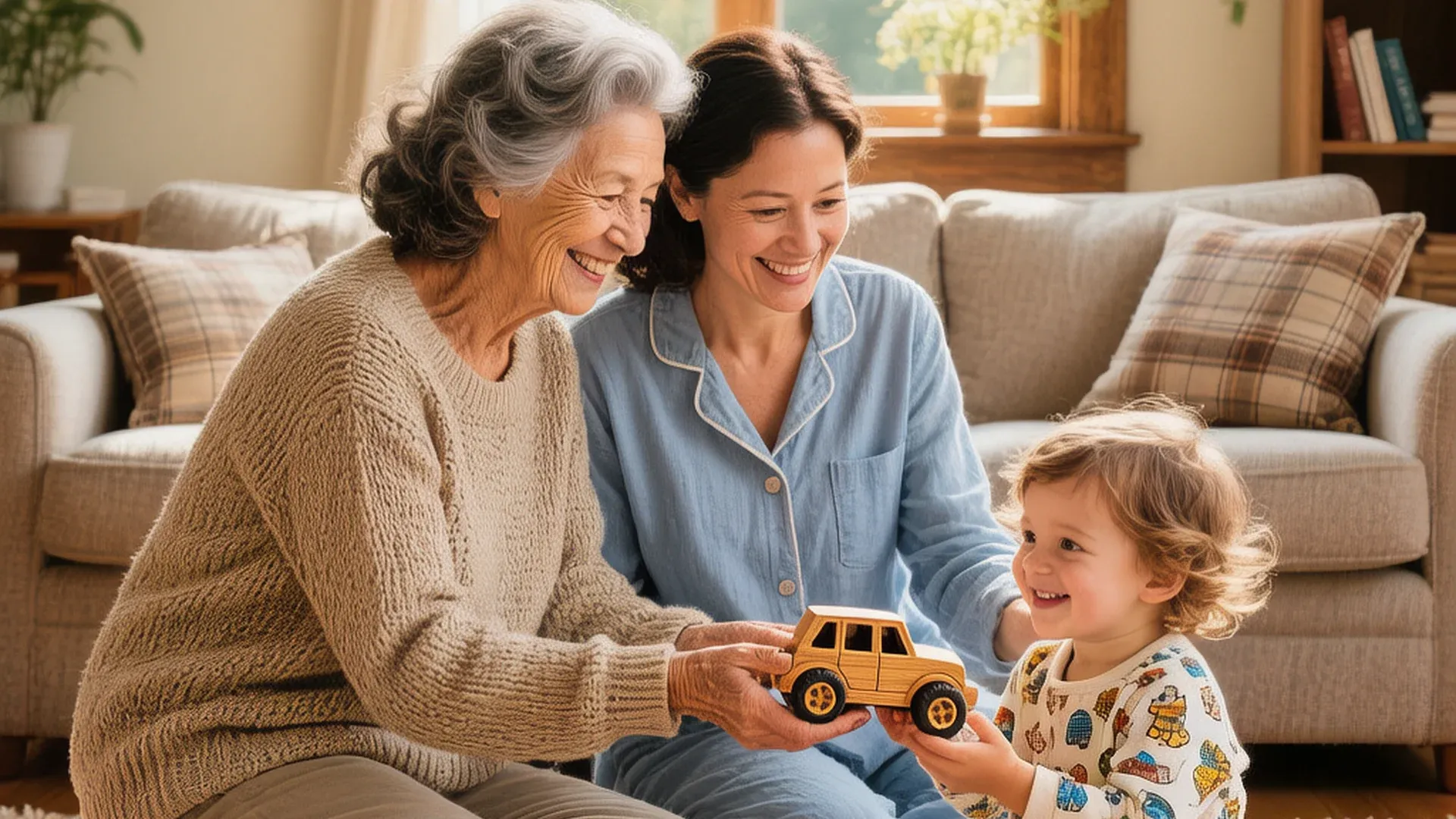 婆婆和儿媳一起照顾孩子，分工合作，温馨和谐的家庭育儿场景