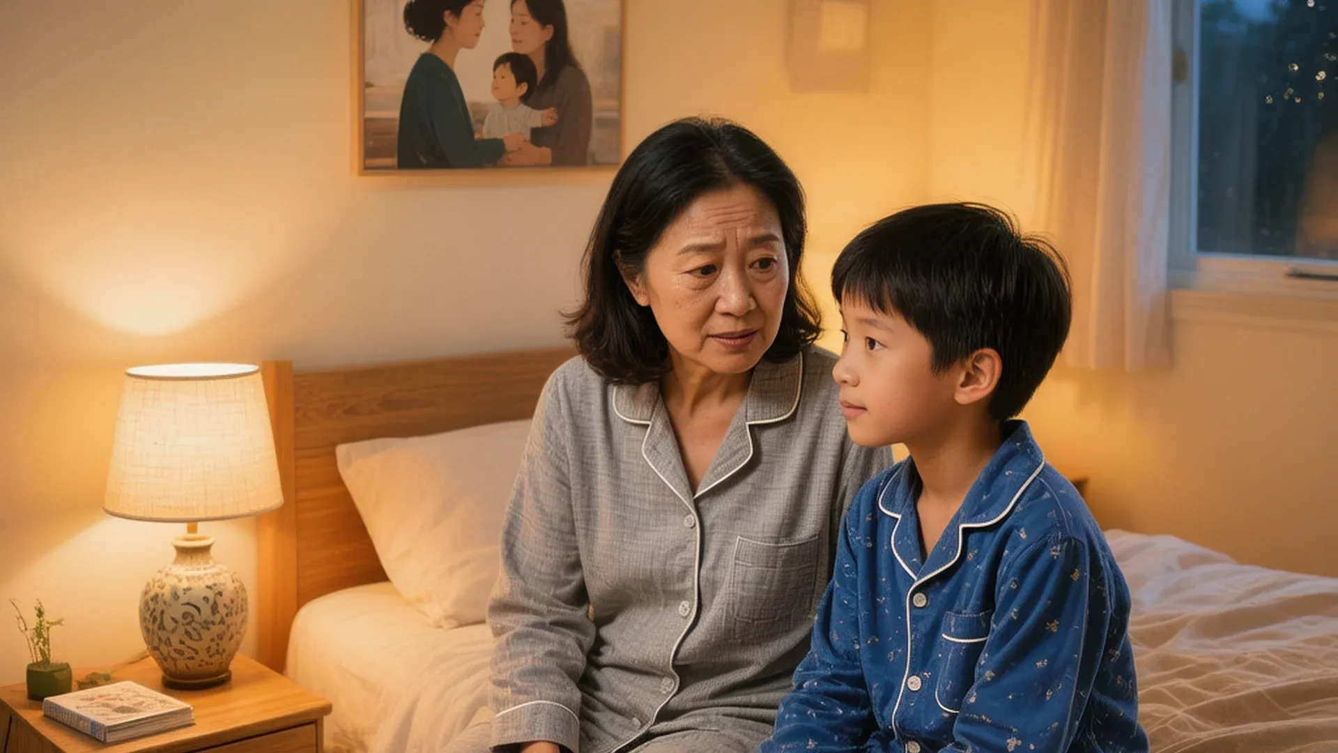 父母与孩子面对面进行情感验证式对话的家庭场景