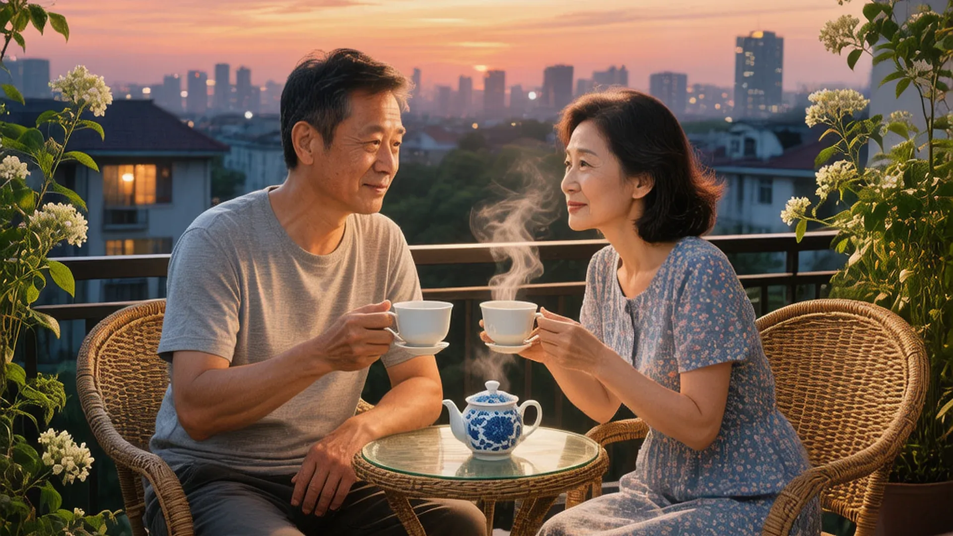 夫妻傍晚在家中阳台一起喝茶，修复关系后的温暖场景