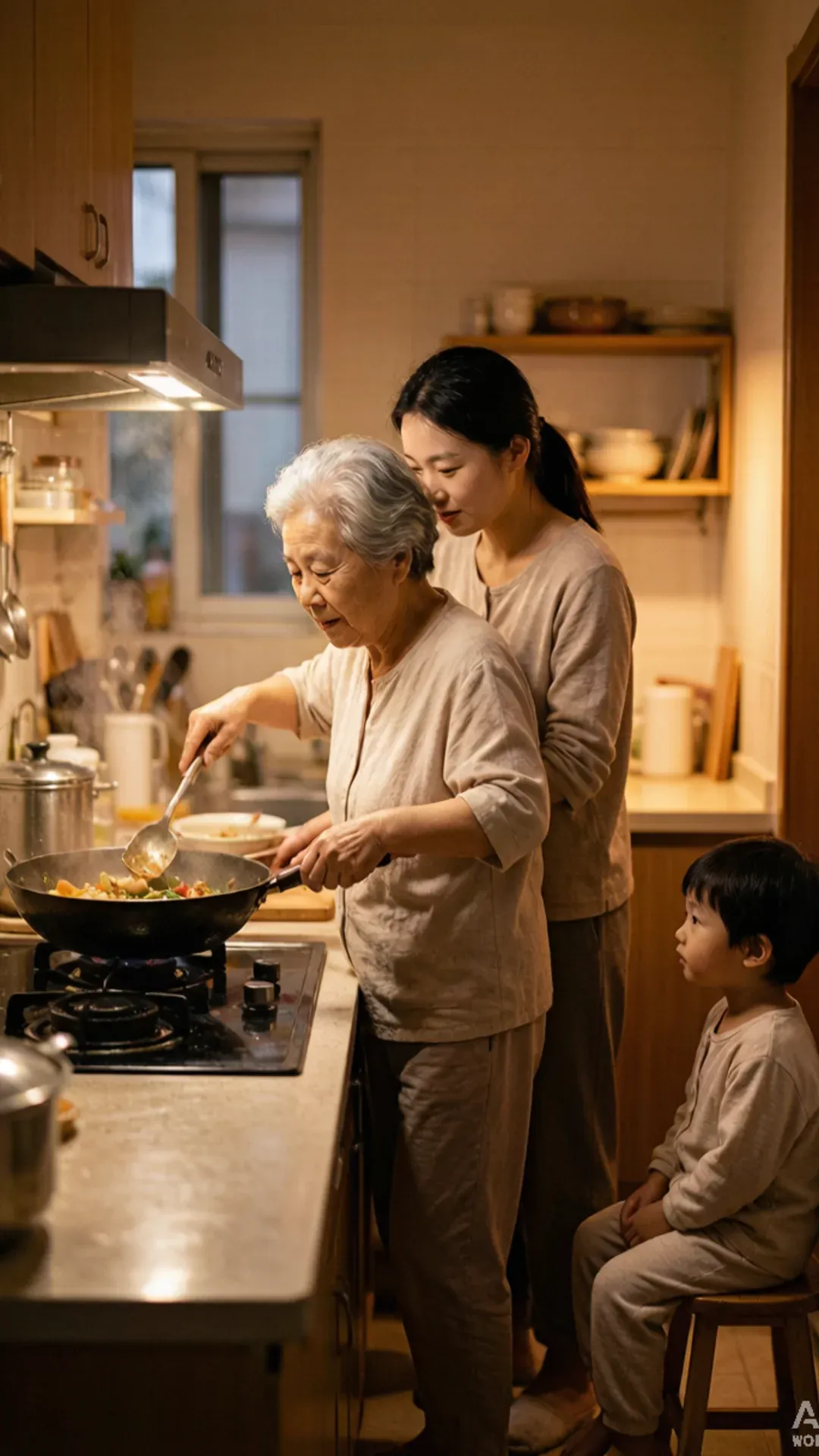 奶奶在厨房准备晚餐,儿媳在一旁帮忙,孩子坐在小凳上看着