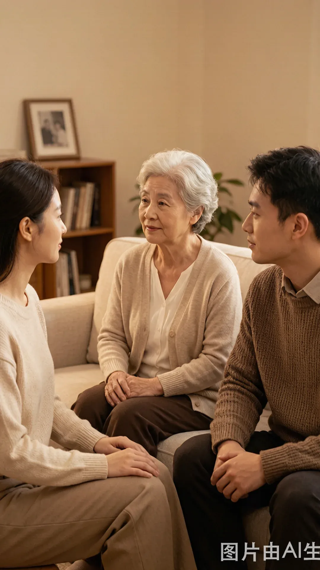 年轻夫妻与婆婆围坐沙发,轻松讨论家庭计划