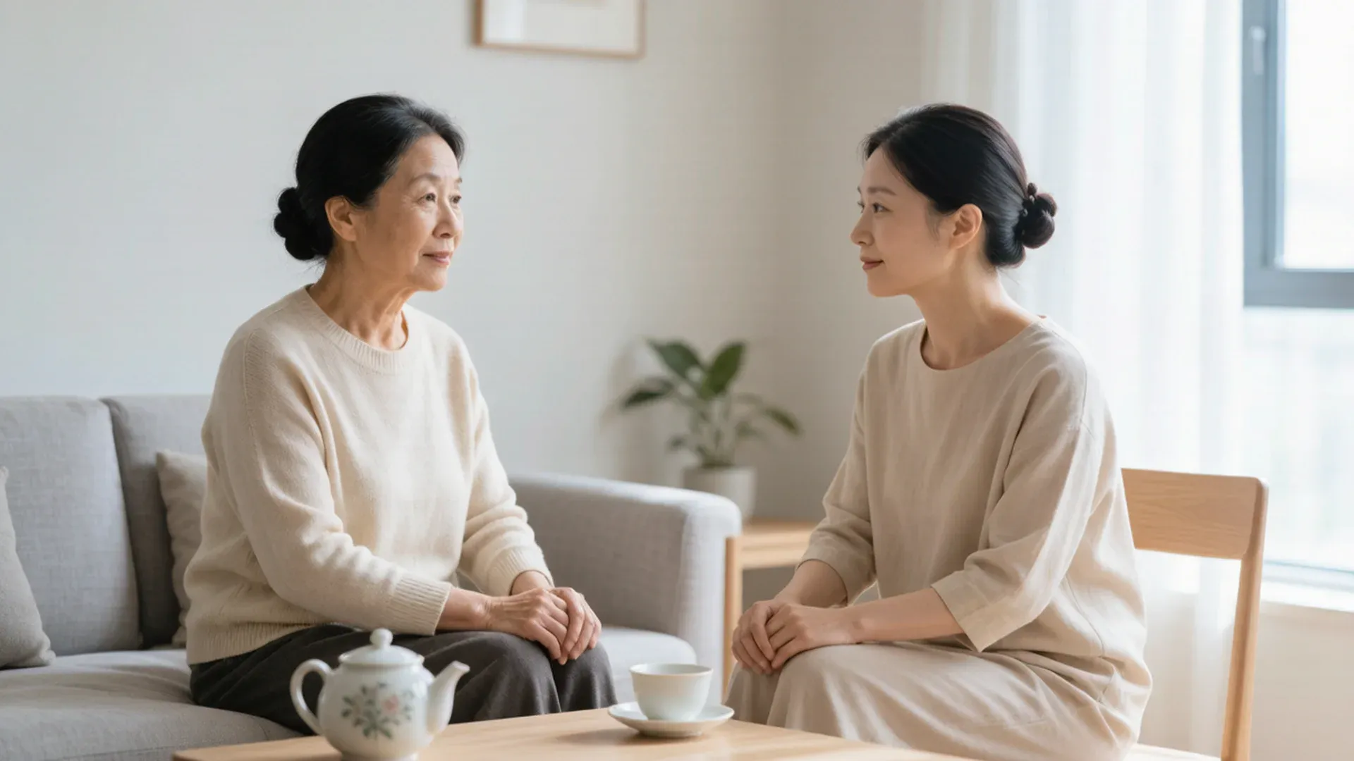 婆婆与儿媳在明亮客厅里温和交流,彼此保持舒适距离