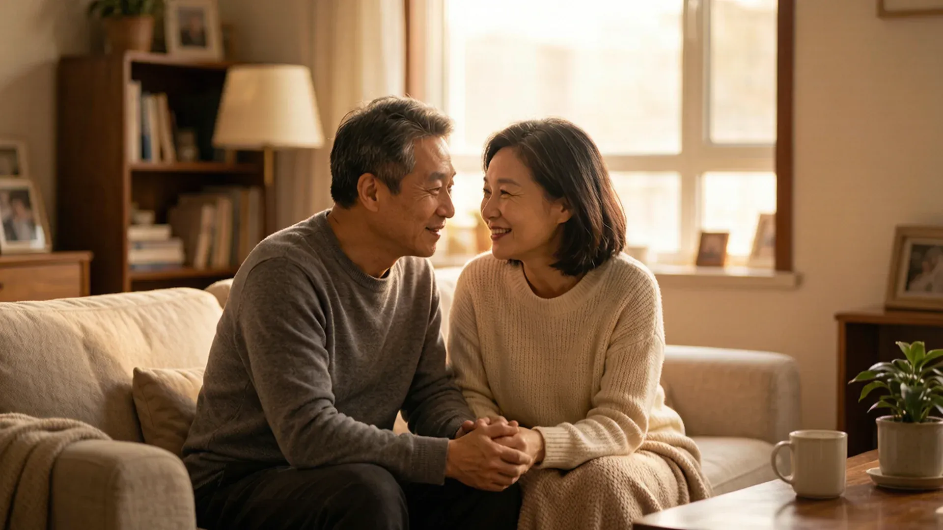 中年夫妻在温馨客厅中面对面交流