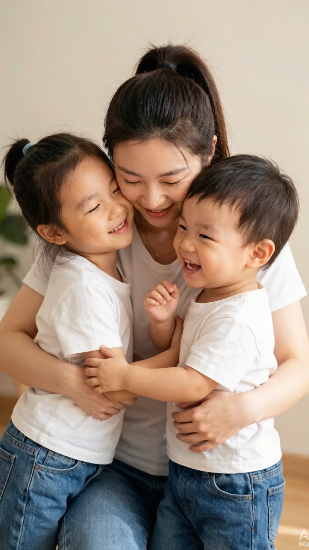 妈妈蹲下来同时搂着哥哥和妹妹,两个孩子脸上都露出笑容,画面温暖